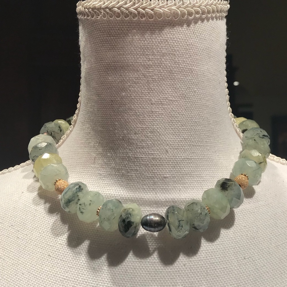 Tourmaline, Platinum Pearls and Gold Necklace